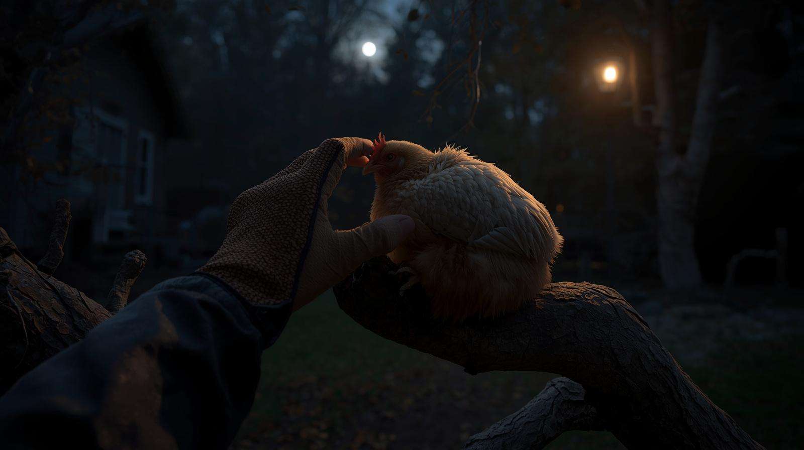 A gardener using leather gloves to safely catch a sleeping chicken at night during a poultry recovery.