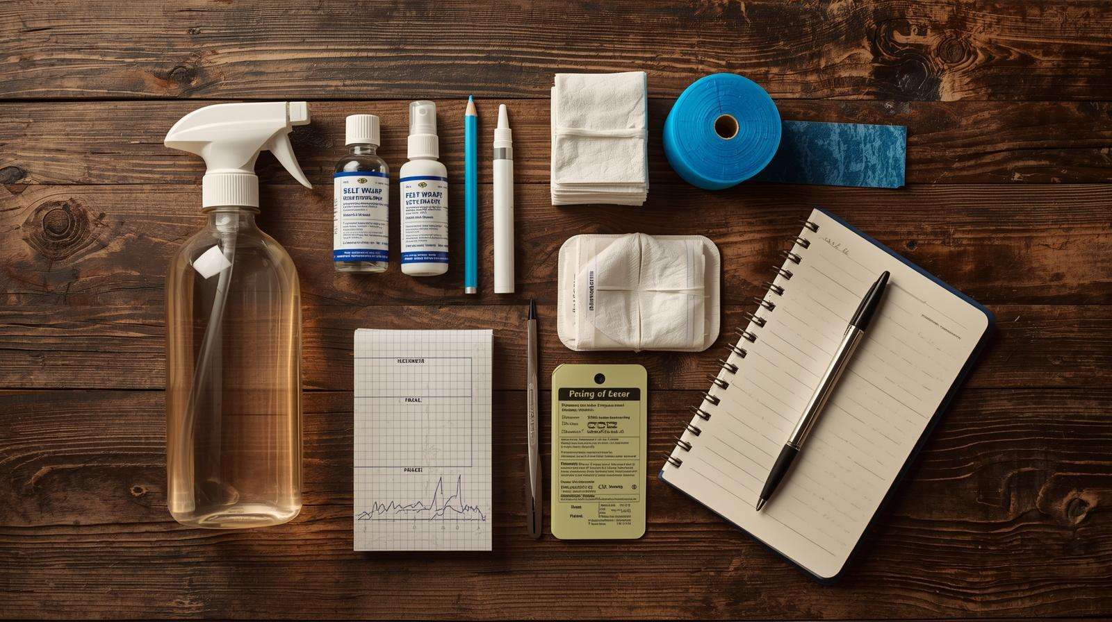 An organized poultry emergency kit with bandages and wound spray for managing chicken health crises.