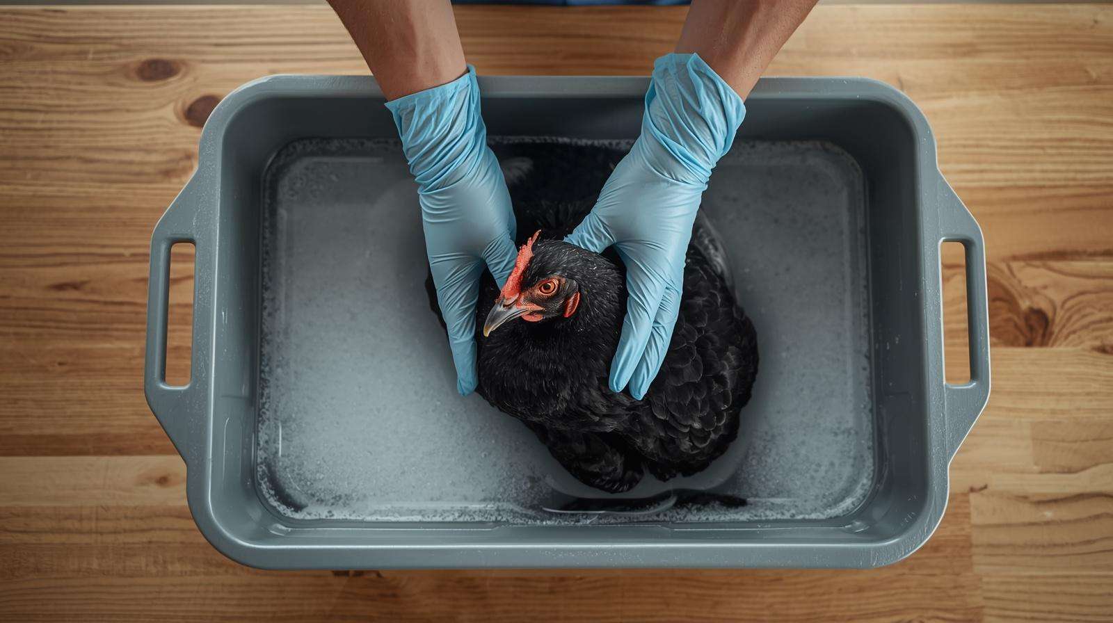 Hands wearing gloves gently supporting an egg-bound chicken during a warm Epsom salt soak treatment.