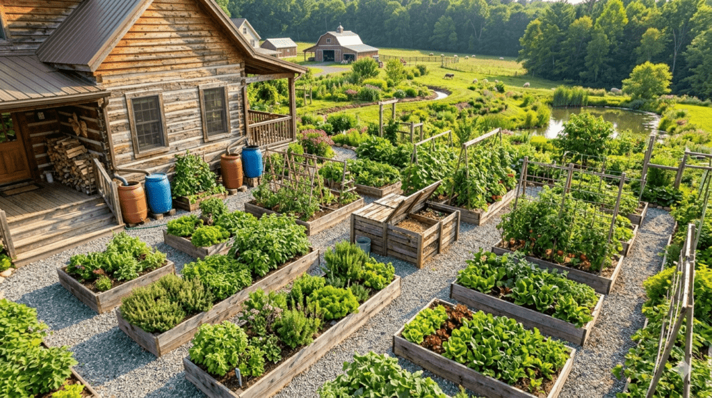 An efficient Zone 1 kitchen garden layout featuring raised beds, rain harvesting, and a worm composting system near the home.
