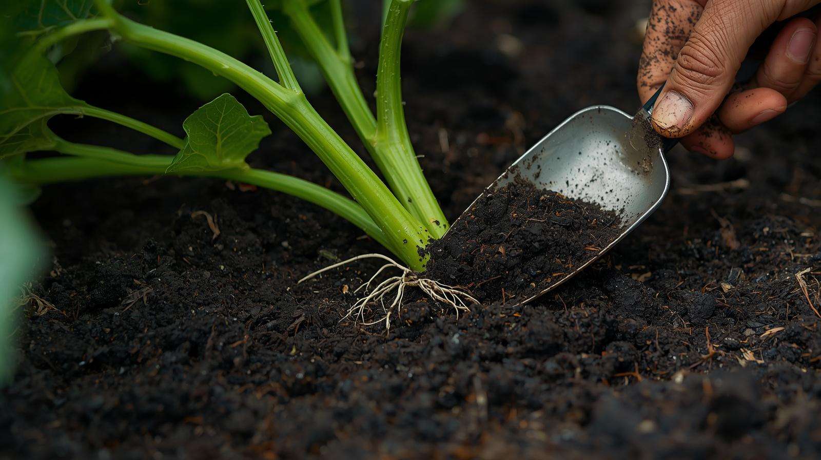 A gardener burying a squash vine node in soil to encourage secondary root growth for pest resilience.
