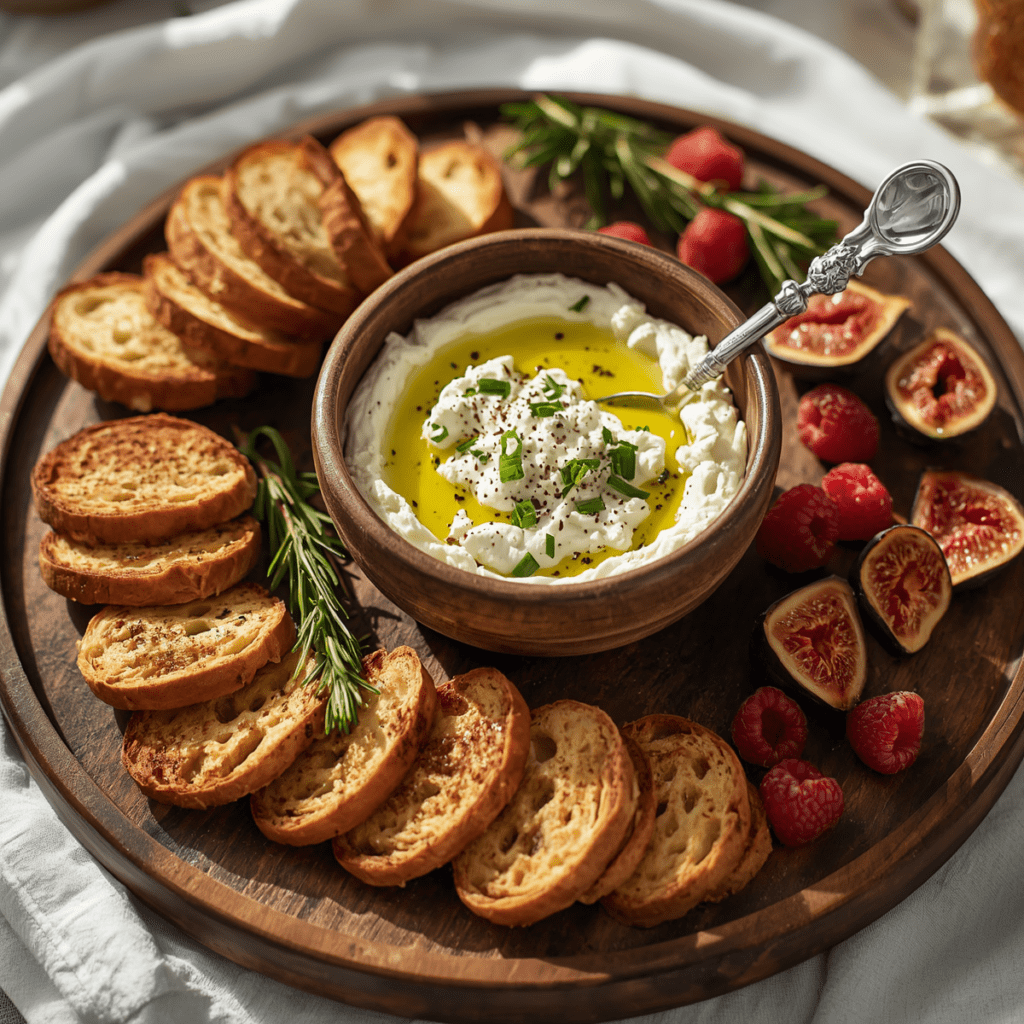 Savory whipped Farmer’s Cheese spread on a rustic wooden charcuterie board.