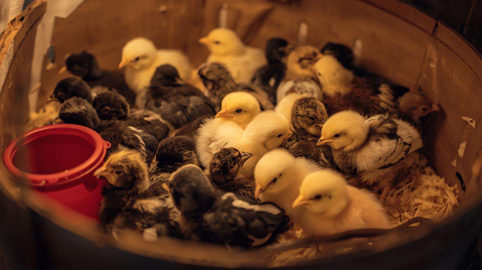 Healthy day-old baby chicks in a clean backyard brooder box with fresh bedding.
