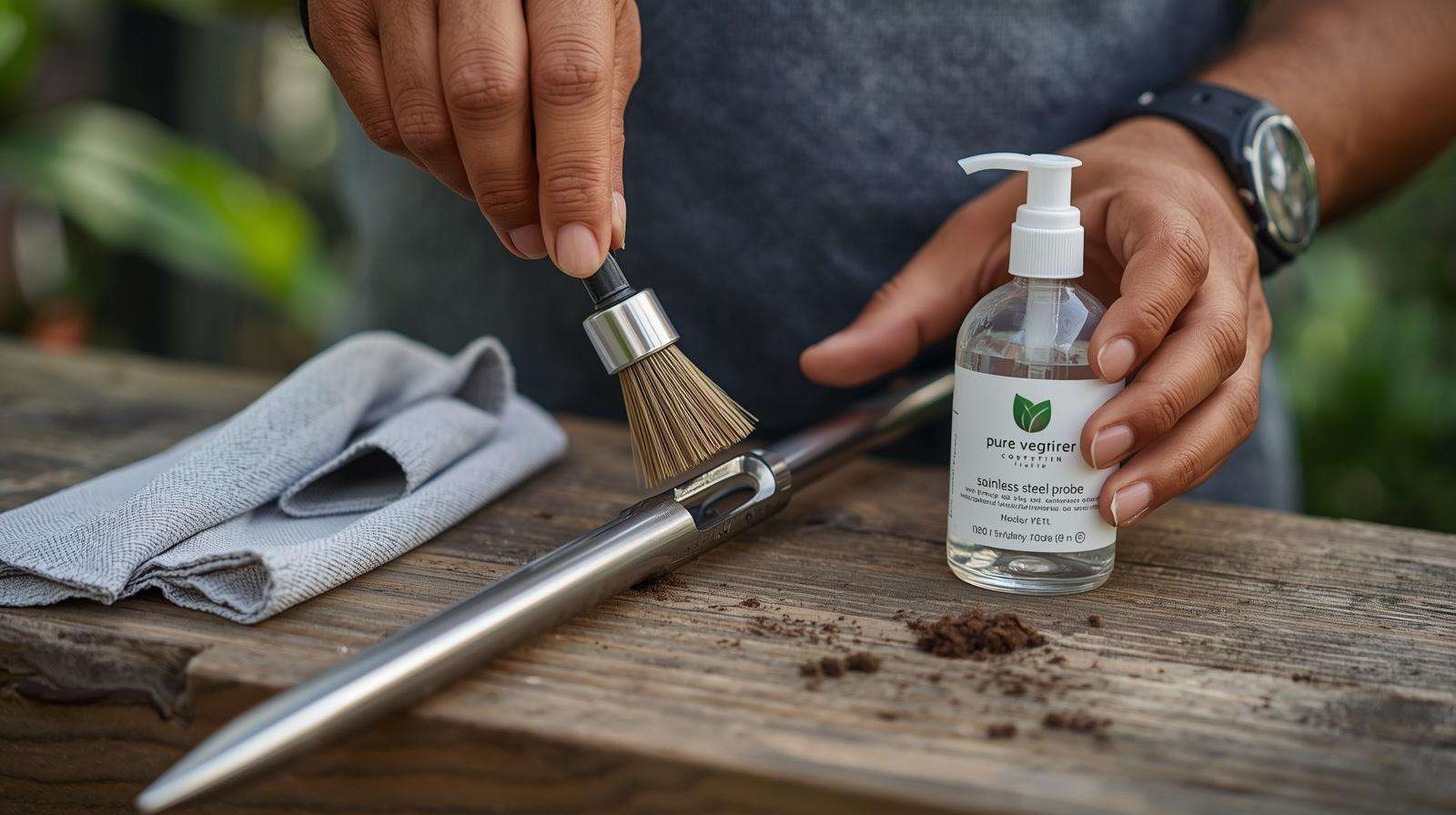 Cleaning the inside of a stainless steel core tube with a nylon brush next to safe vegetable glycerin lubricant.