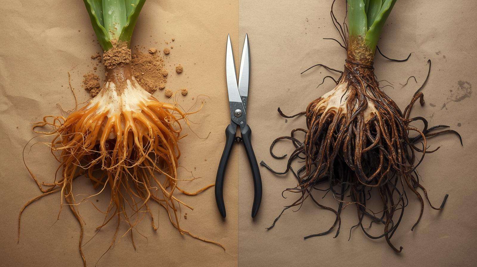 A side-by-side comparison of healthy orange aloe vera roots and slimy black rotted roots.