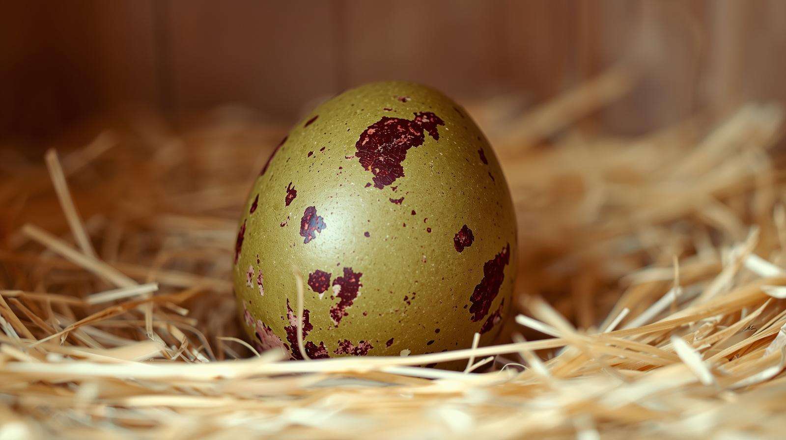 Extreme macro shot of a speckled olive green egg with deep brown pigment spots.