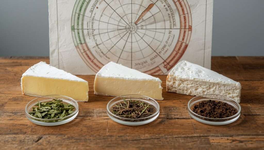 Still-life comparison showing three organic soft cheese wedges alongside corresponding soil and diverse pasture forage samples, illustrating terroir.