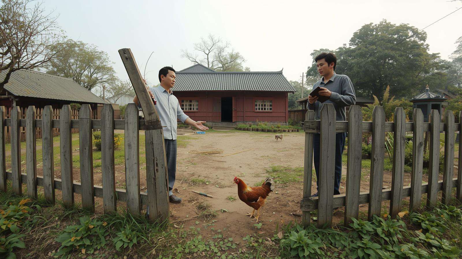 Two neighbors discussing poultry management across a fence to resolve issues with lost chickens.