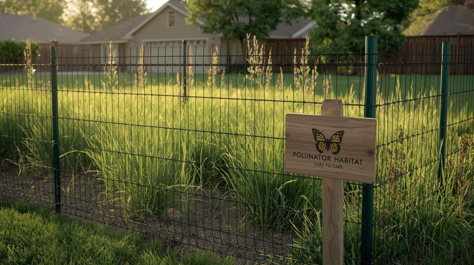 Temporary wire fencing protecting young native prairie plants from deer and rabbits in a suburban yard.