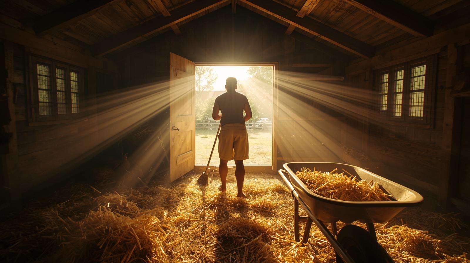A gardener deep-cleaning a chicken coop with fresh bedding to restore biosecurity after a health crisis.
