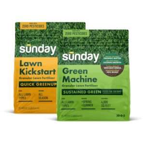 Sunday Lawn Kickstart + Green Machine Granular Lawn Fertilizer Mixed Pack, Quick Green-Up + Sustained Growth, 25-0-4 and 30-0-5 NPK, Zero Pesticides, (2) 12 lb Bags, Covers 8,000 sq ft