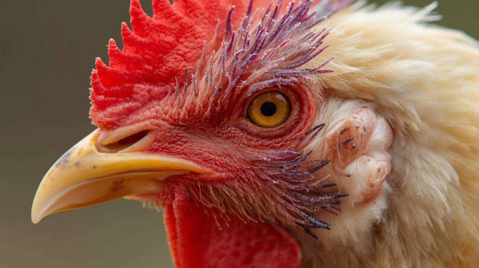 A detailed comparison shot of a vibrant healthy red chicken comb versus a pale, purple-tipped comb indicating systemic failure.