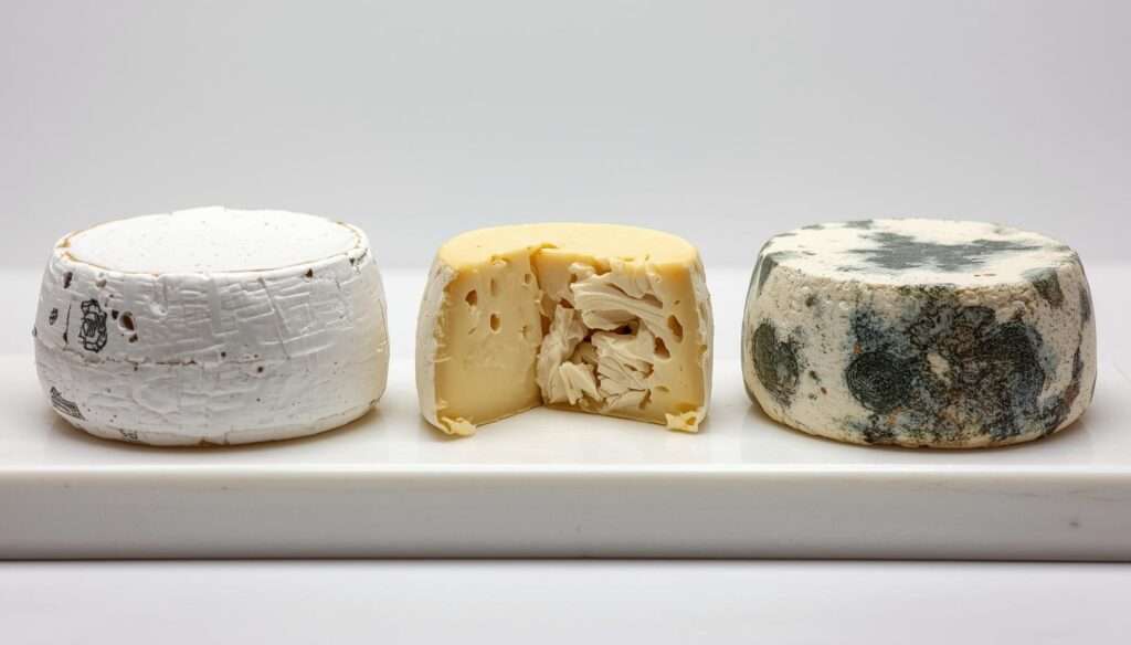 A macro comparison showing classic organic soft cheese defects: slip skin, late blowing (gas), and dry texture.