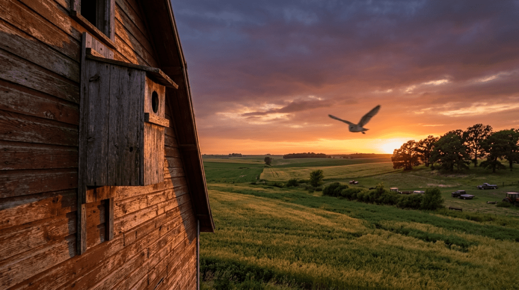 A large wooden Barn Owl nesting box mounted high on the side of a rustic farm barn overlooking a wide agricultural field at dusk.