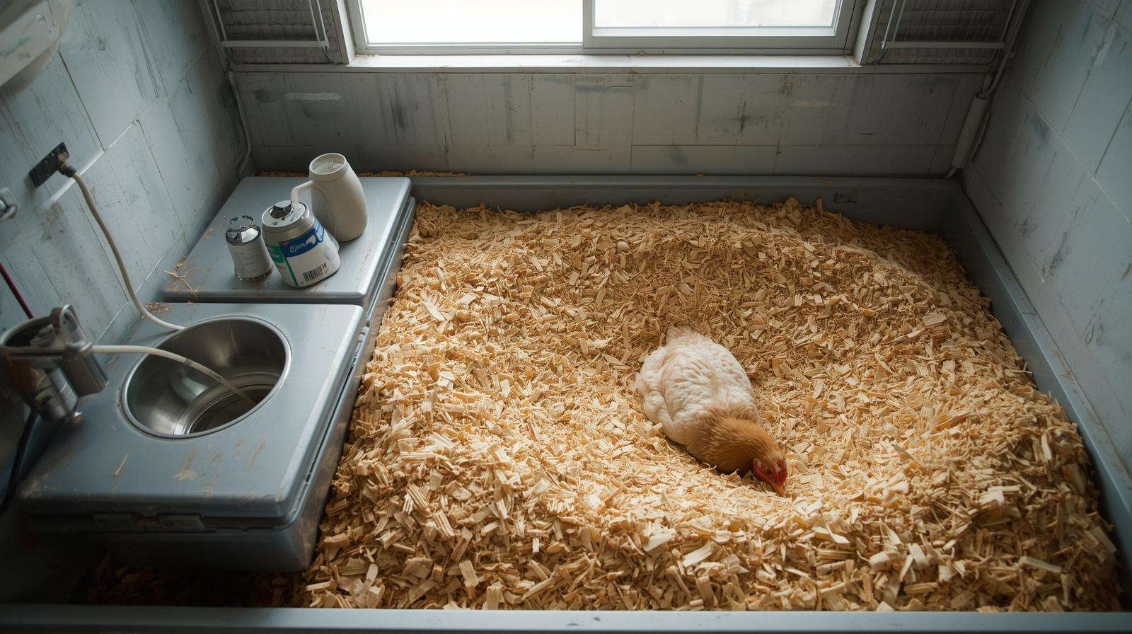 A model 'hospital coop' setup showing isolation bedding, dedicated waterer with electrolytes, and a ceramic heat source for sick poultry triage.