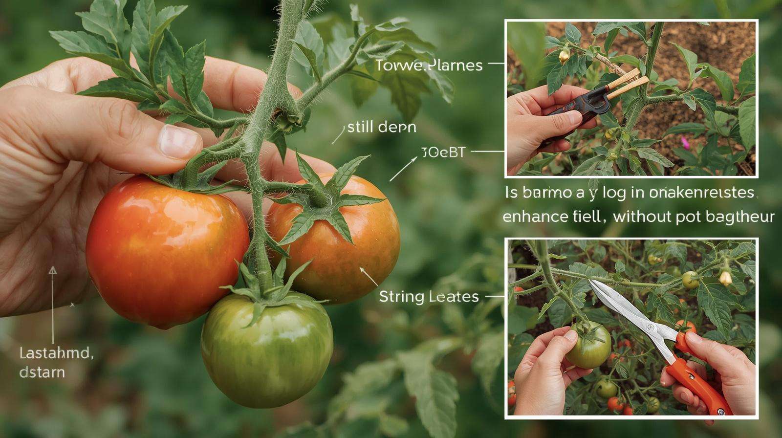 (Labeled image: 1 cm strip on cherry vs. 3 cm on beefsteak. Alt: "How much to strip from tomato bottoms by variety for optimal harvest.")