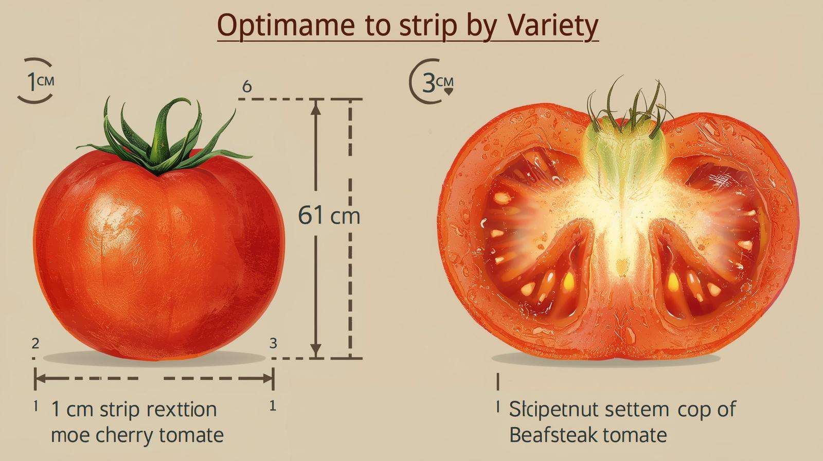 (Labeled image: 1 cm strip on cherry vs. 3 cm on beefsteak. Alt: "How much to strip from tomato bottoms by variety for optimal harvest.")