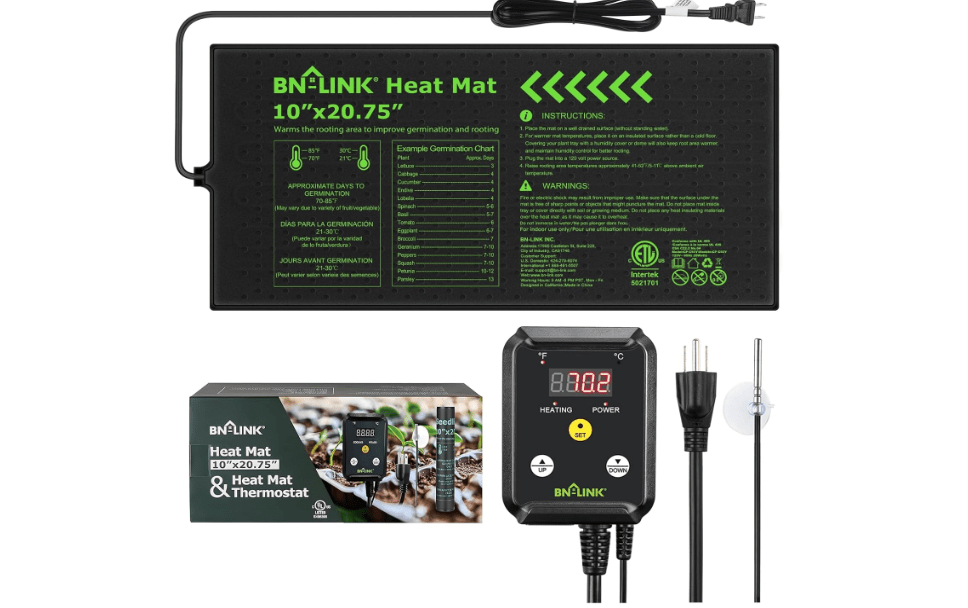 BN-LINK Seedling Heat Mat with Thermostat Controller Combo Set, 10" x 20.75" Plant Heating Mat for Seed Starting with Temperature Control for Indoor Growing, Plants Germination, ETL Listed
