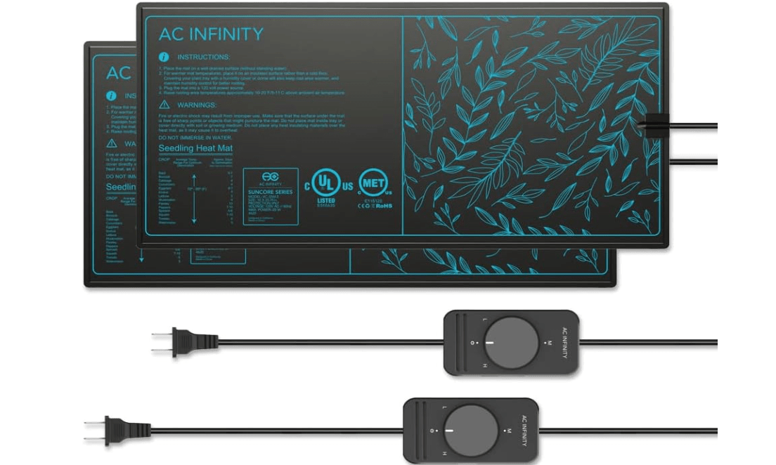 AC Infinity SUNCORE A3X2, Dual Waterproof Seedling Mats with Heat Controllers 10" x 20.75", UL & MET Certified Heating Pads, for Indoor Gardening, Hydroponics, Germination, Cloning
