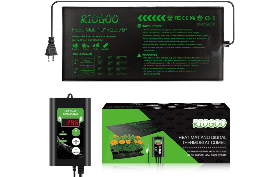 RIOGOO 10"x20.75" Seedling Heat Mat and Thermostat Controller 68-108°F Digital Thermostat Controller IP67 Waterproof (Heated mat+Thermostat Controller)
