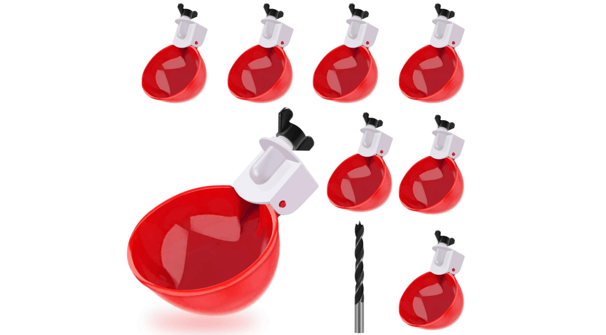 Darcvds Professional Chicken Waterer Cups, 8 Packs Large Chicken Water Feeder, Tee Fittings Poultry Waterer Suitable for Duck, Chicks, Goose, Turkey, Bunny and Bird with Mounting Hole Opener 