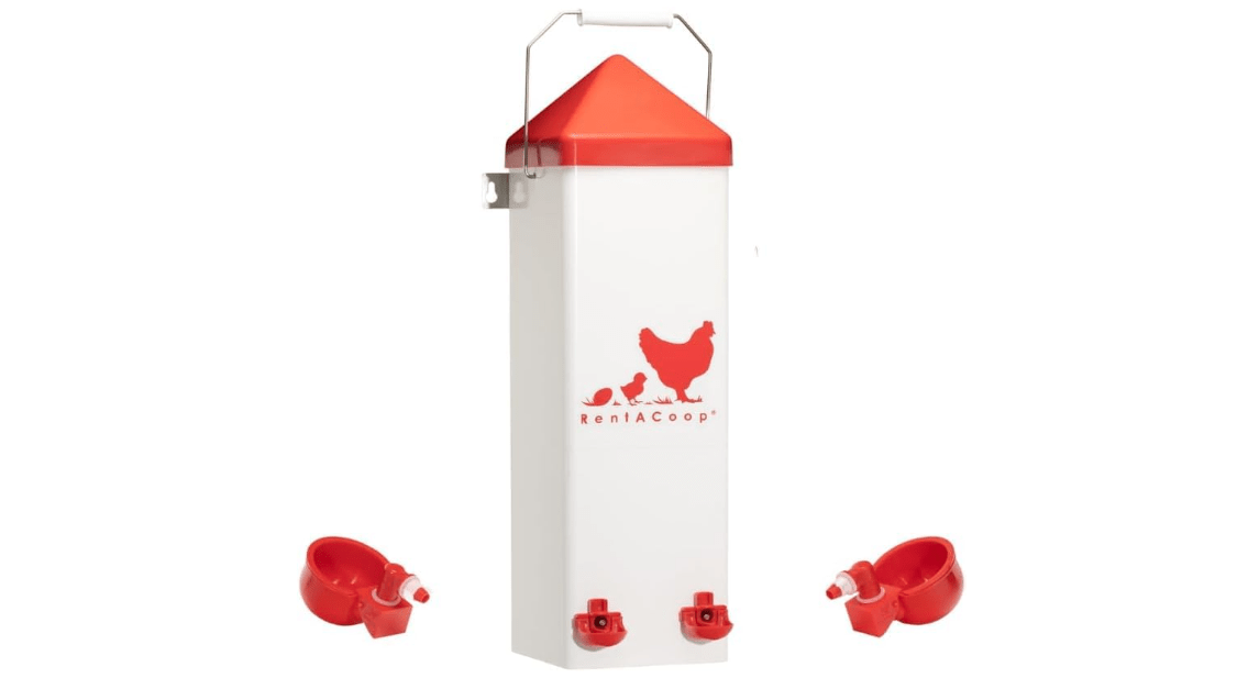 RentACoop 2 Gallon High Rise Chicken Waterer with Auto-Fill Cups, Horizontal Nipples, Anti-Roost Cone and Mounting Kit - Suitable for Chickens, Quail, Ducks, Geese, Turkey and More 