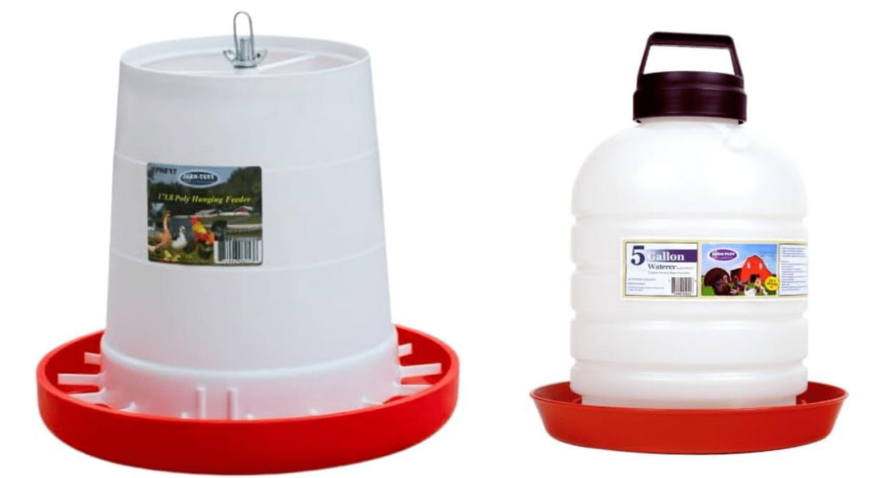 Farm-TUFF Top Fill Hanging Automatic Poultry Fountain Waterer, 5 Gallon Capacity & Poultry Feeder with Customizable Flow Rates, 17 Pound Capacity (Combo Pack) 
