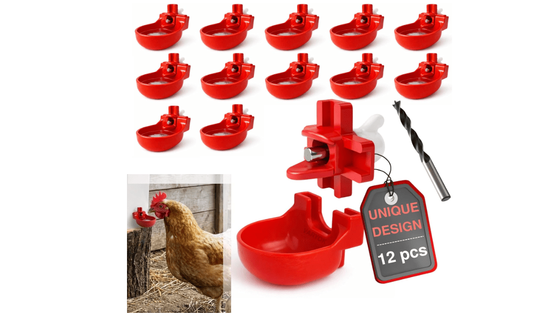 Heavy Duty 12-Pack with Cups Chicken Water Nipples Automatic Chicken Waterer Nipple Horizontal Leak Proof Stable for Poultry Coop Quail Chicks Turkeys Peacocks and Fits 5-Gallon Bucket, PVC Pipes 
