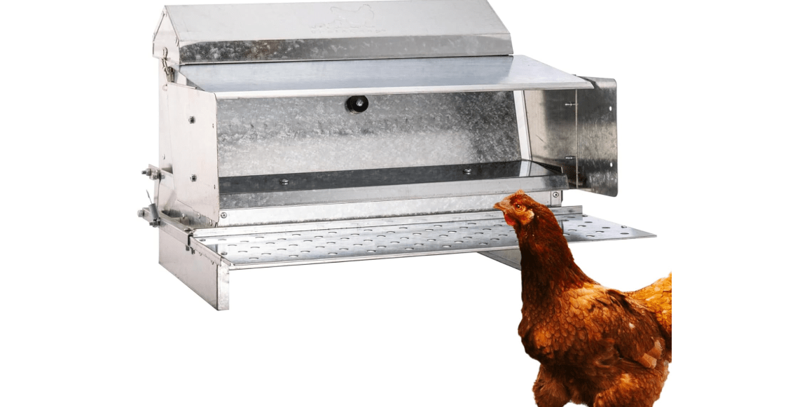 RentACoop Automatic Metal Treadle Feeder - Outdoor Use, Rainproof - Suitable for Chicken, Bantams, Poultry, Pheasants, etc. - 25lb Capacity
