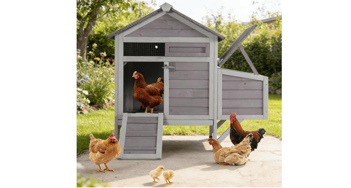 Small Chicken Coop with 2 Nesting Boxes, Waterproof Wooden Hen House for 1-2 Chickens, Poultry Hutch with Wildlife-Proof Latches, Elevated Design & Roosting Bar for Backyard Urban Farm (Grey)
