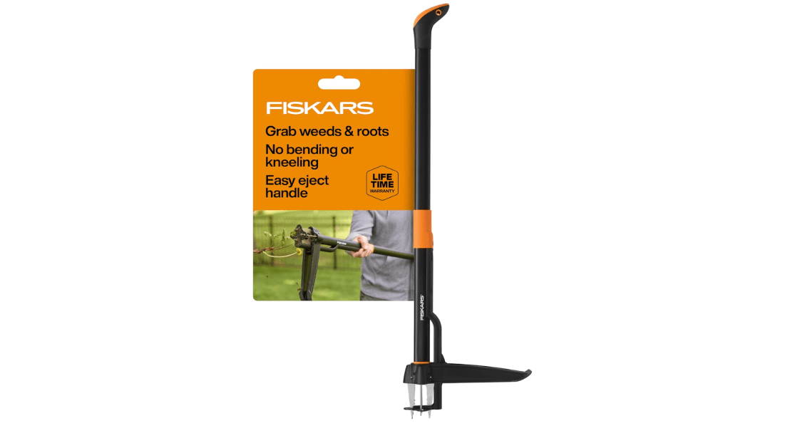 Fiskars Stand-Up Weed Puller Tool, 4 Serrated Stainless Steel Claws Grip Roots for Permanent Removal, Reinforced Foot Platform Penetrates Tough Soil, Easy-Eject & Ergonomic Offset Handle, 39"
