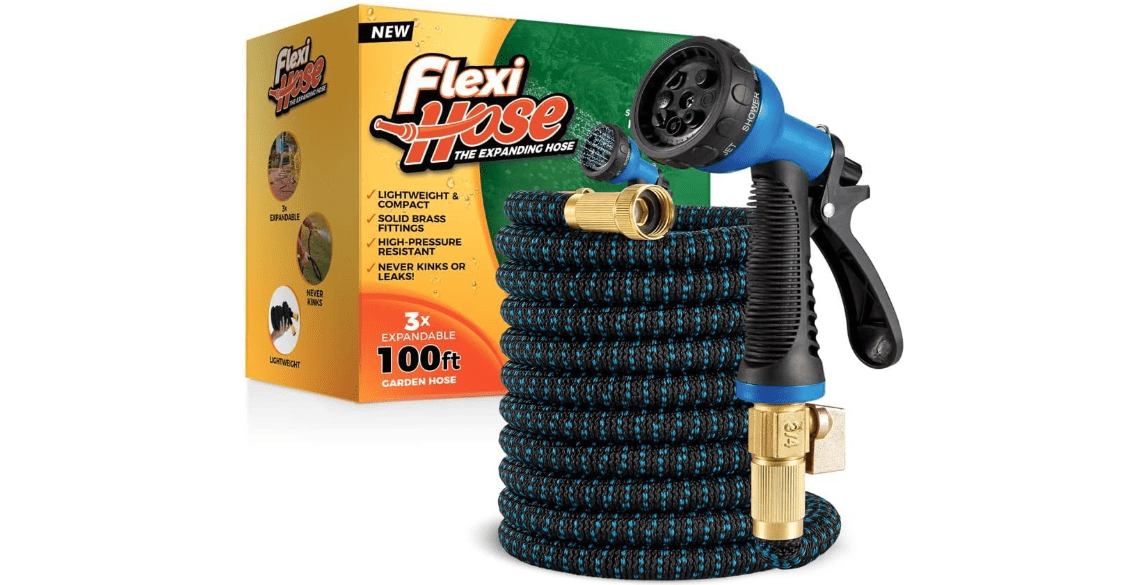 Flexi Hose Expandable Garden Hose with 8 Function Nozzle, 100FT - Lightweight Retractable Garden Hose, Water Hose - No-Kink Flexibility, 3/4 Inch Solid Brass Fittings and Double Latex Core
