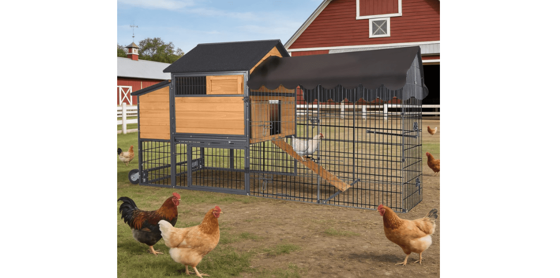Large Chicken Coop with All Around Metal Frame, Mobile Chicken Tractor with Wheels, Wooden Duck House with Run, Hen Poultry Cage with Nesting Box, Waterproof Roof and Leakproof Tray for 6-8 Chickens 
