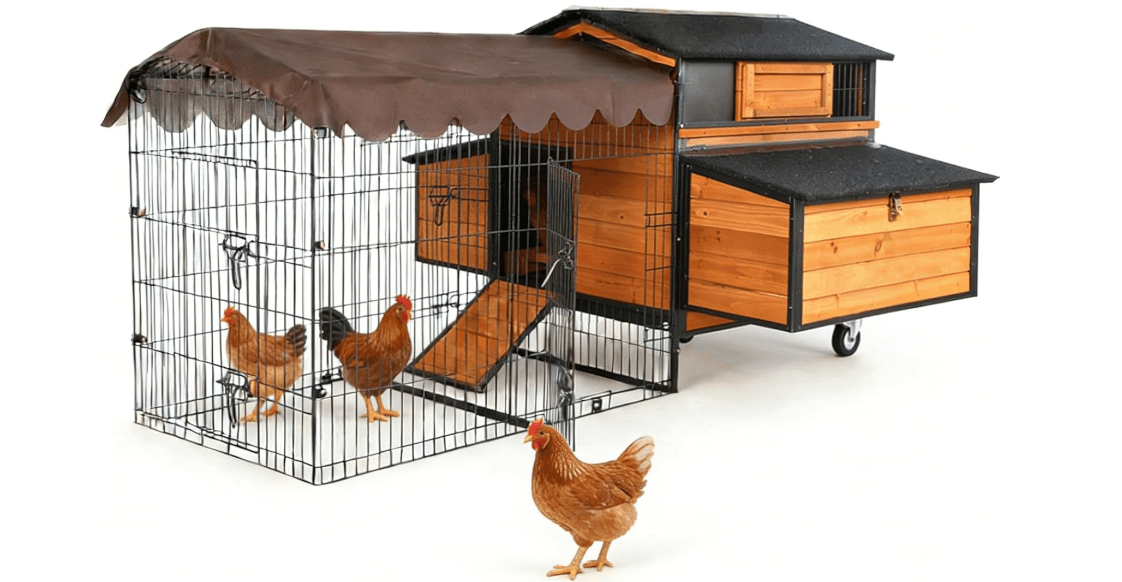 GUTINNEEN Extra Large Mobile Chicken Coop with Run for 6-8 Chickens, Portable Chicken Tractor with Wheels, 76.7" L All-Around Iron Frame Outdoor Hen House, Metal Sliding Tray & 6 Nesting Boxes 