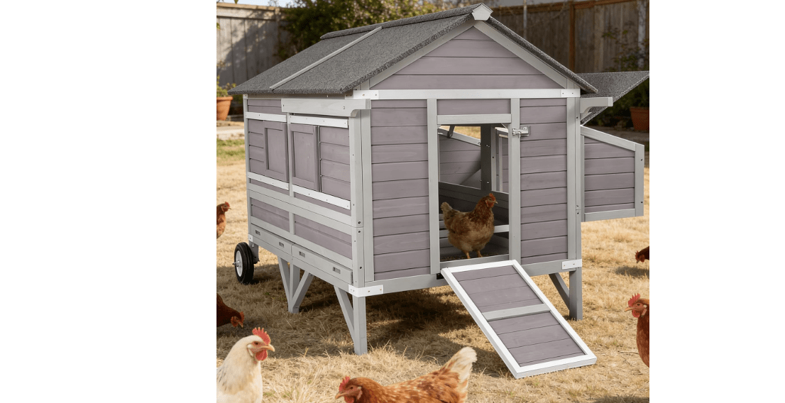 Large Mobile Chicken Coop with Wheels 2 Extra Large Nesting Boxes Waterproof Roof 68.1" L Elevated Base Sliding Trays for Outdoor Grey
