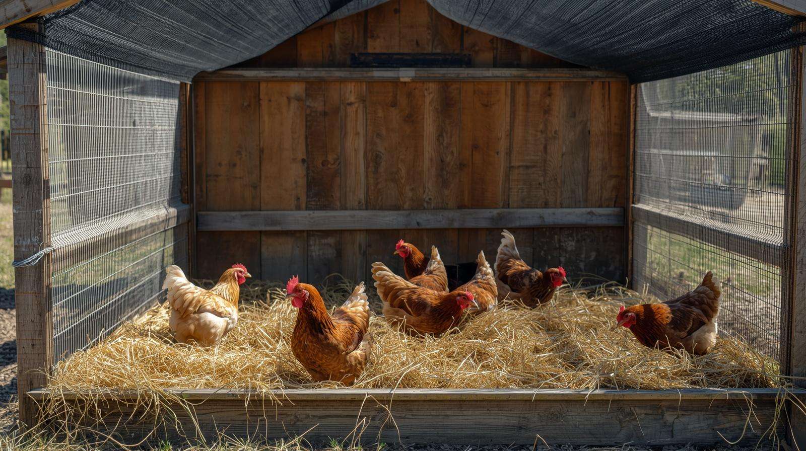 Secure chicken run featuring heavy-duty hardware cloth and overhead hawk netting to protect poultry.