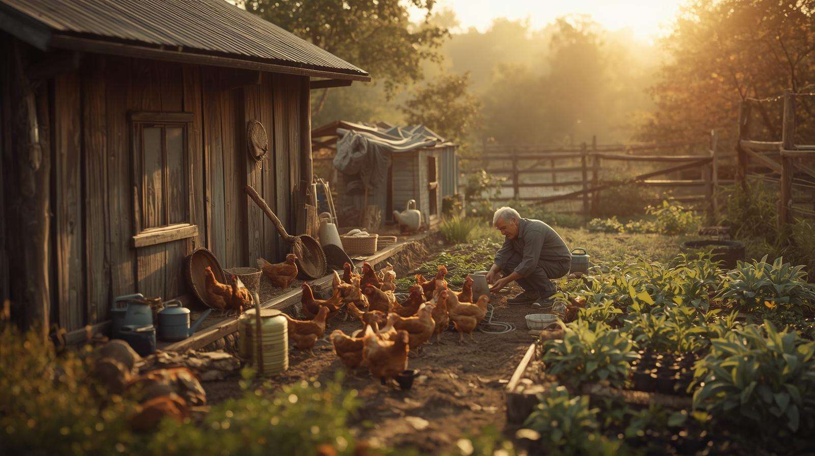 Homesteader managing realistic daily farm chores on a small homestead