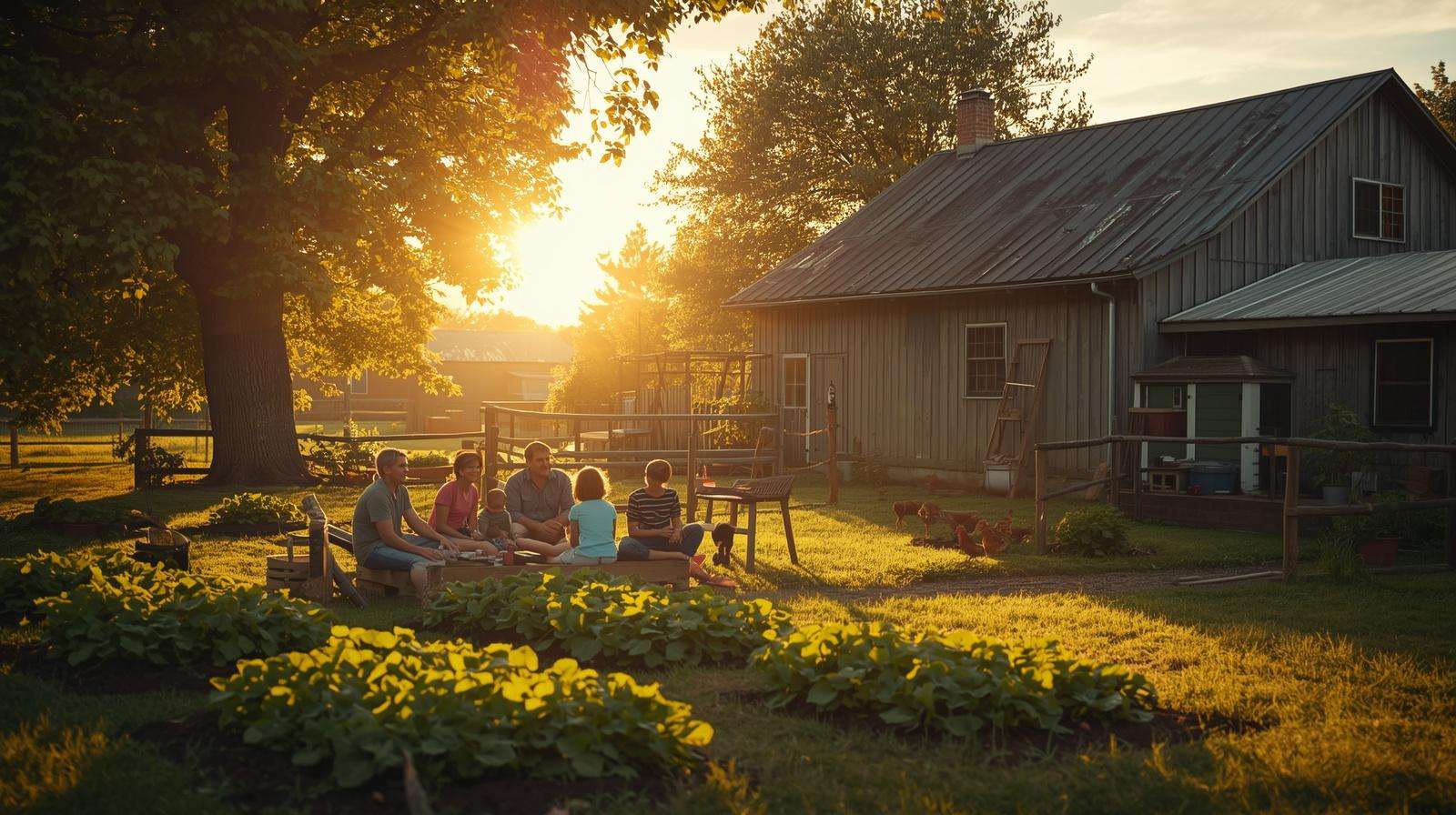 Family enjoying a balanced and sustainable homesteading lifestyle after daily farm work