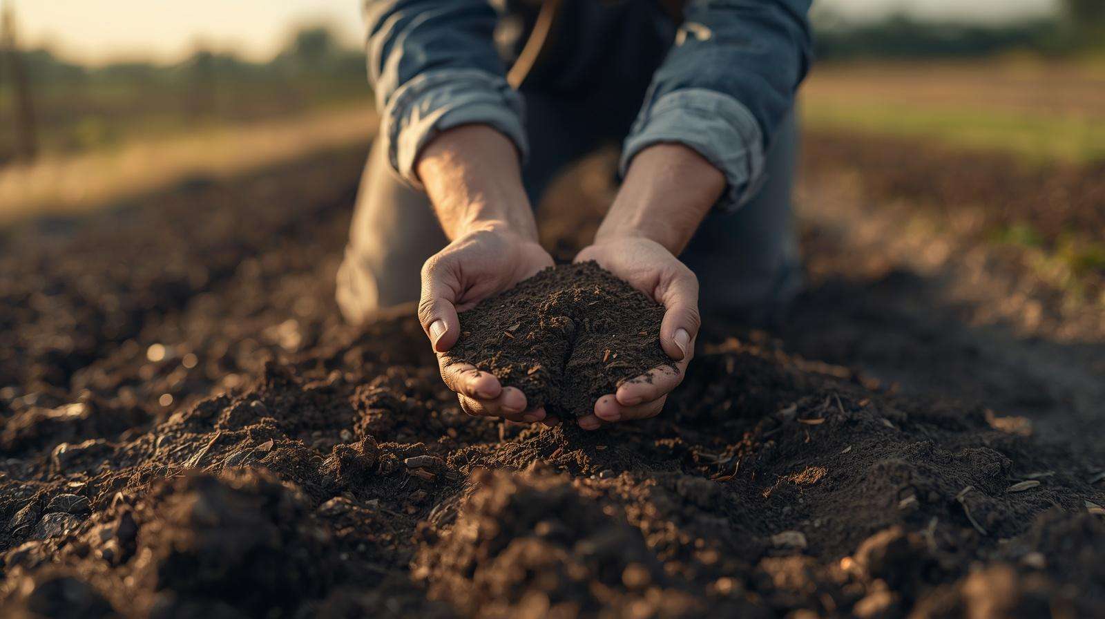 Farmer examining soil texture in field to assess soil health and composition