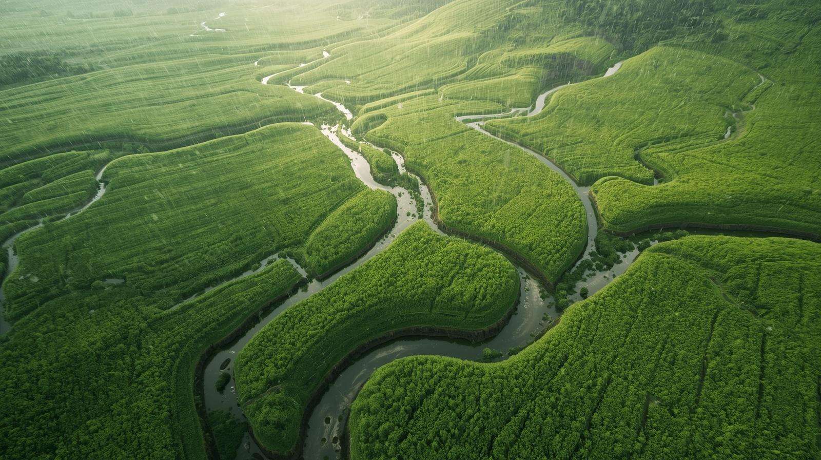 Water flowing across farmland showing natural drainage and runoff patterns