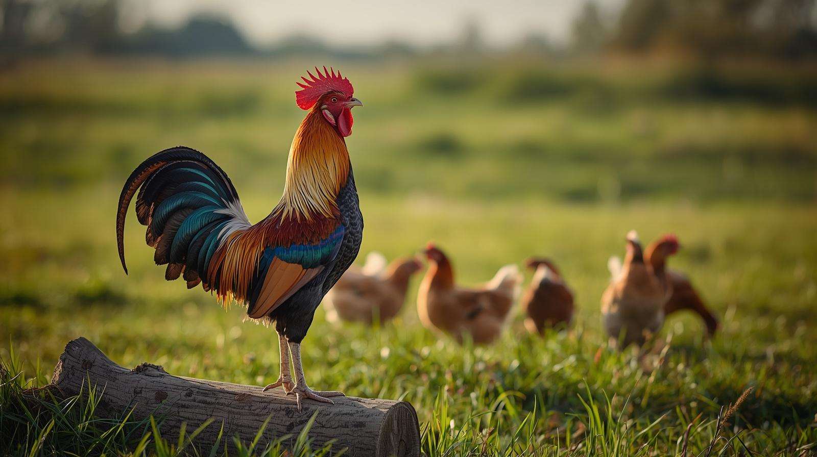 A vigilant rooster standing guard on a log, scanning the sky to protect his flock of hens.