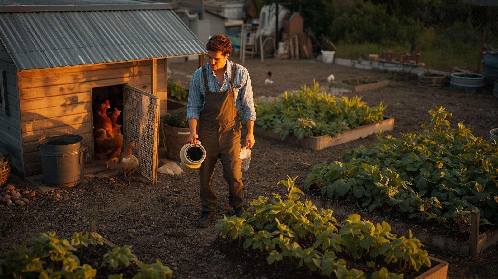 Part-time homesteader balancing work responsibilities and evening farm choresPart-time homesteader balancing work responsibilities and evening farm chores