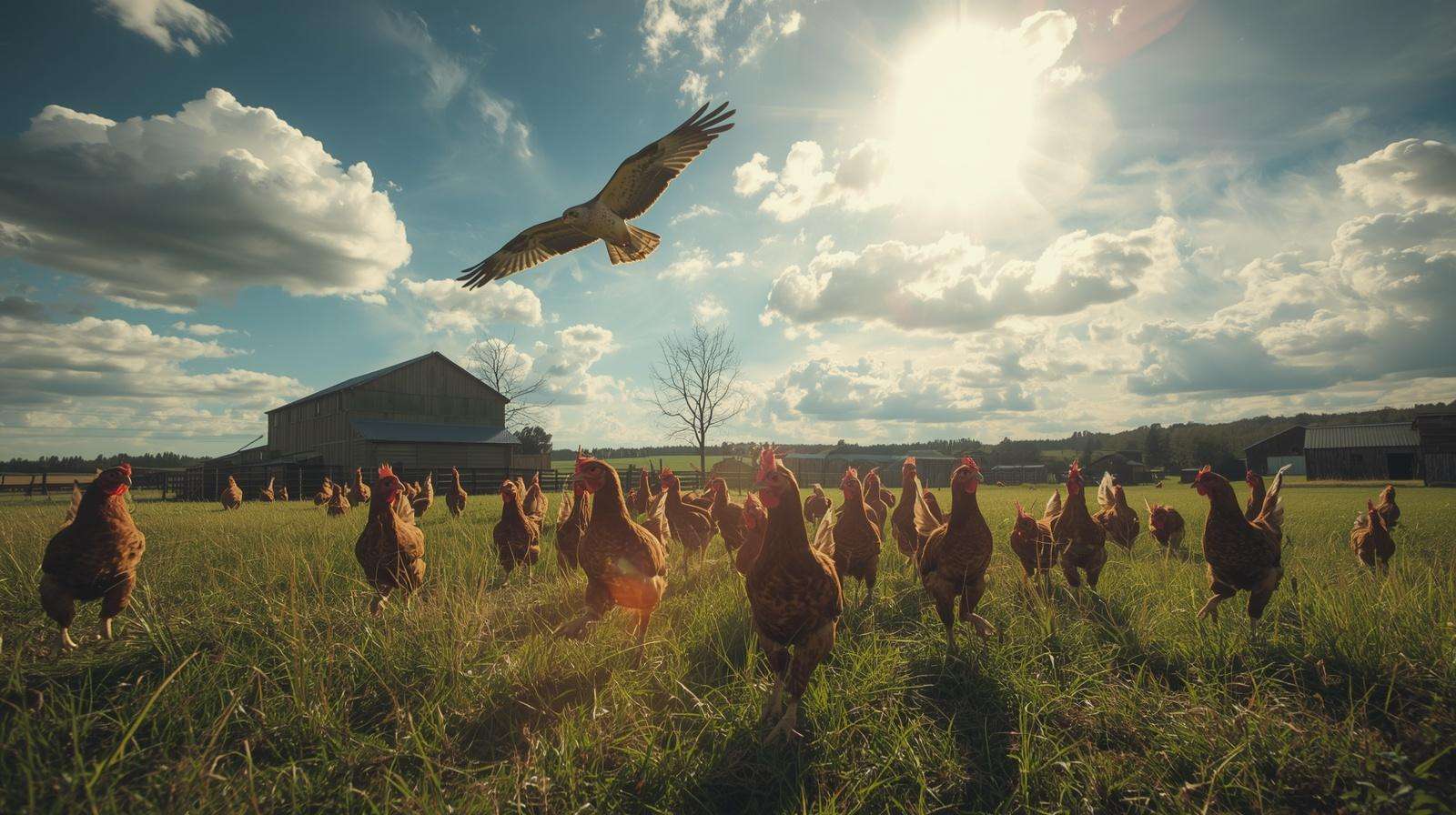 Hawk circling above free-range chickens on a rural farm