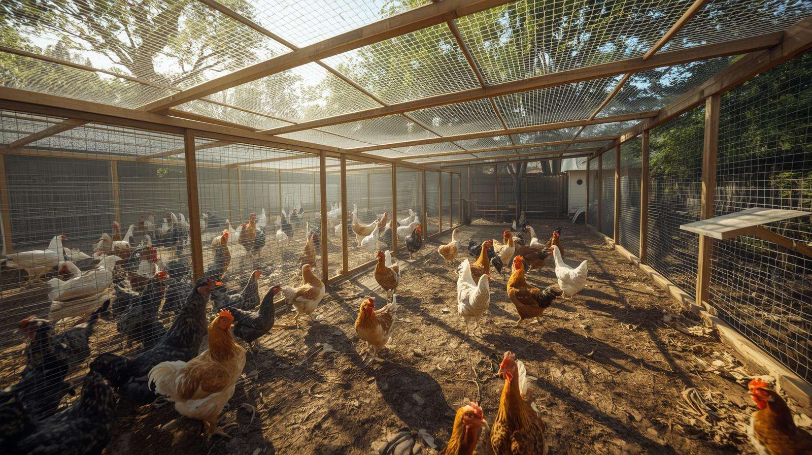 Chicken run protected with overhead netting to stop hawk attacks