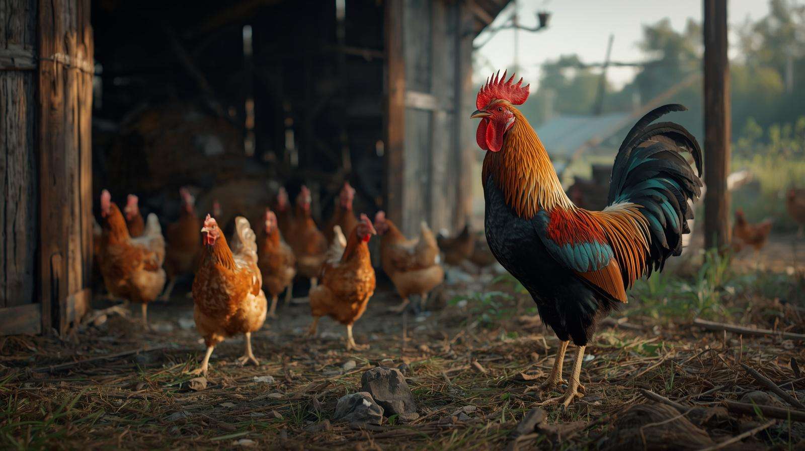 Protective rooster warning chickens about nearby hawk danger