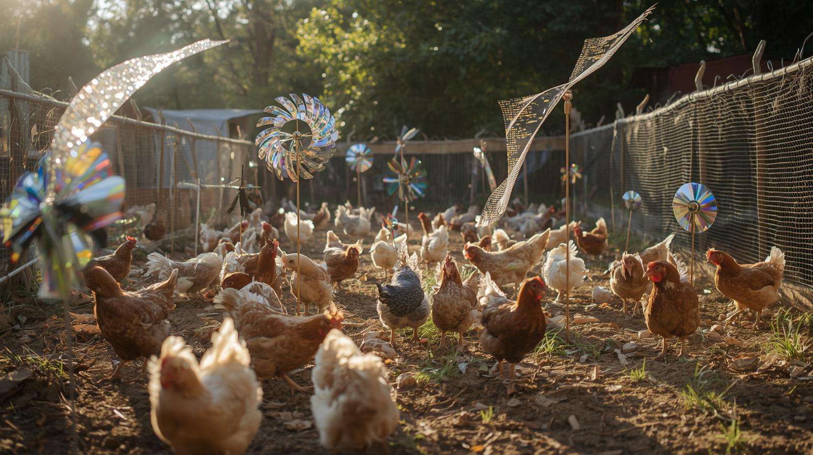 Reflective hawk deterrents protecting backyard poultry