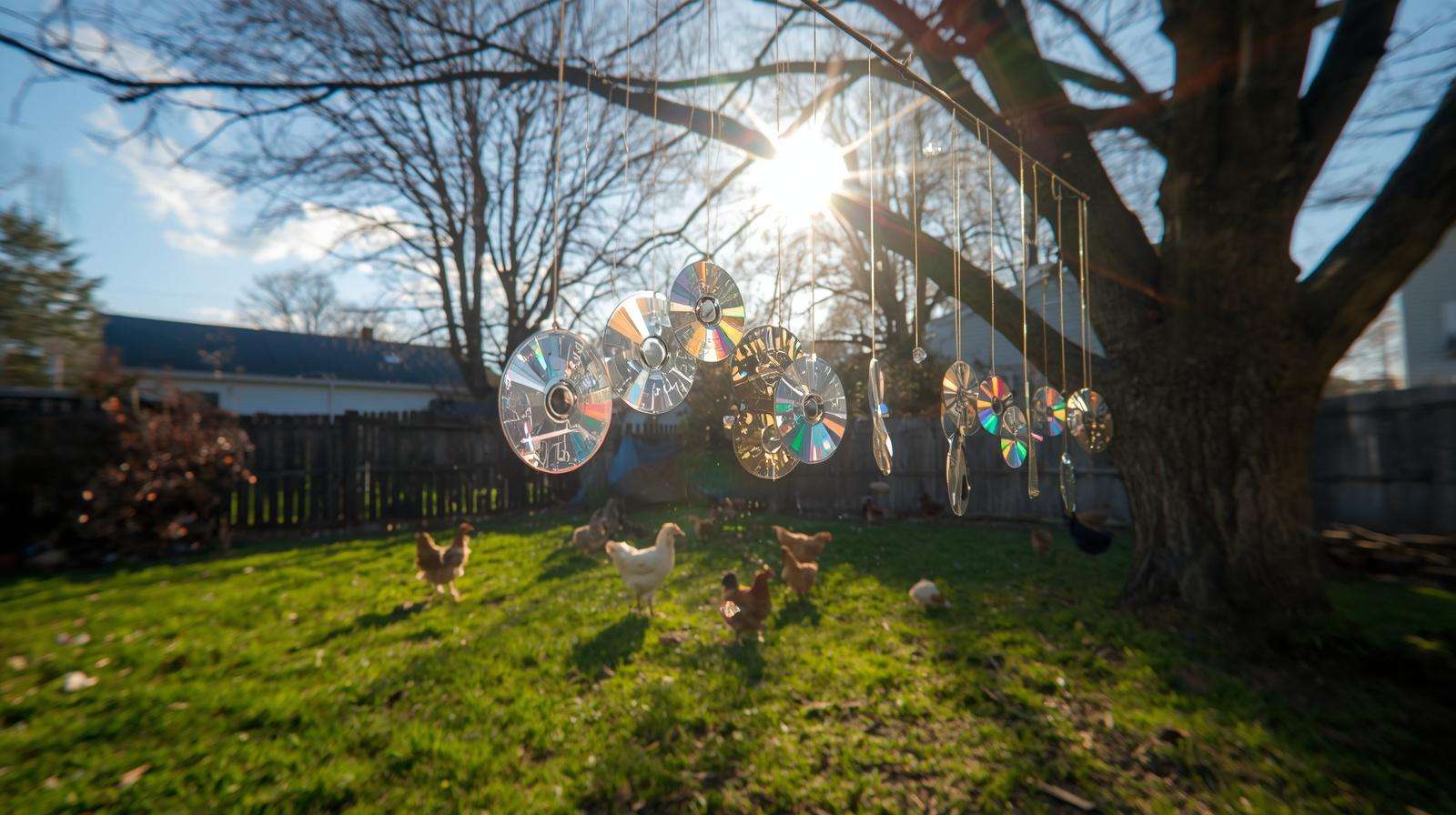 Reflective flash tape and CDs hanging in a sunny chicken yard to visually deter aerial predators.