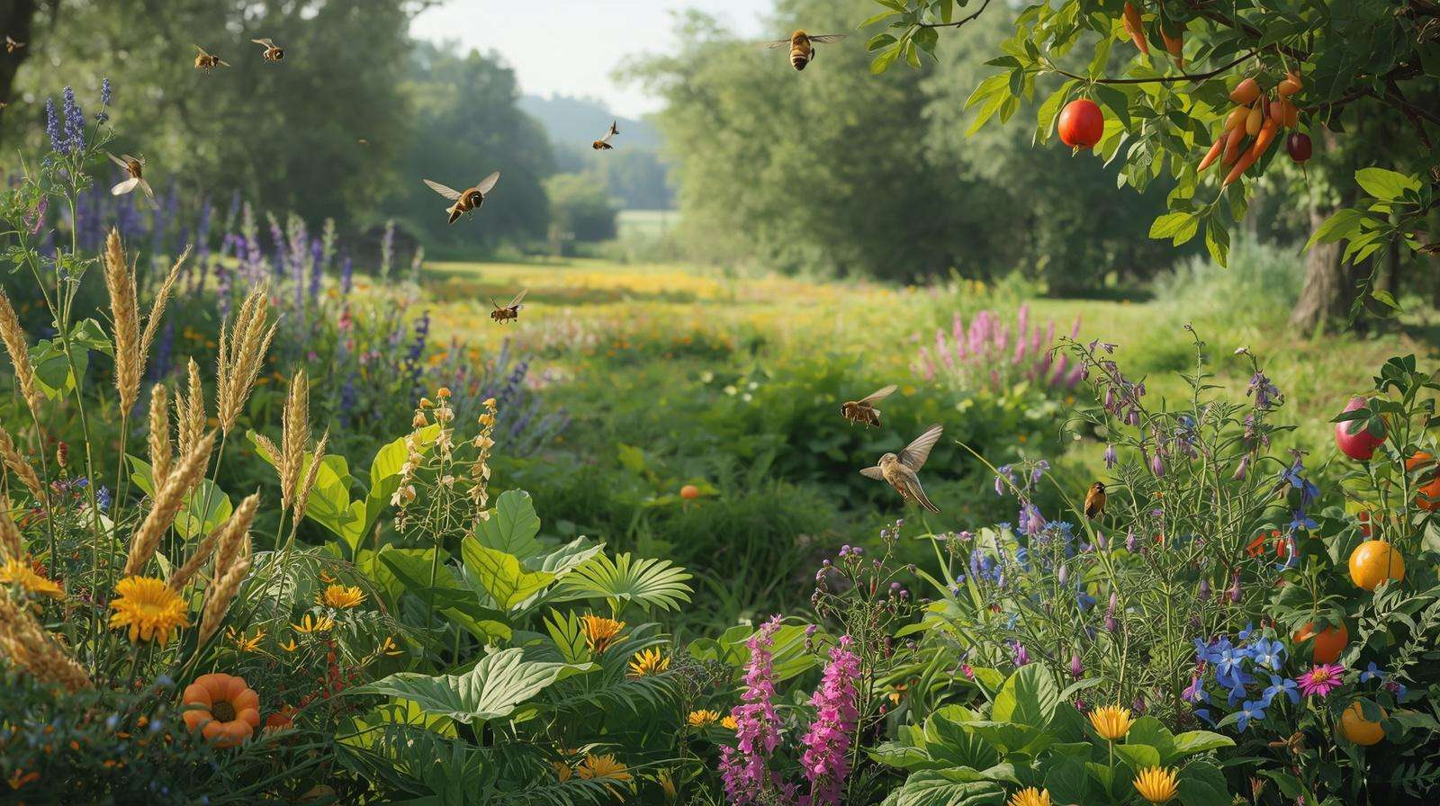 Biodiverse farm ecosystem with pollinators birds and healthy plant growth
