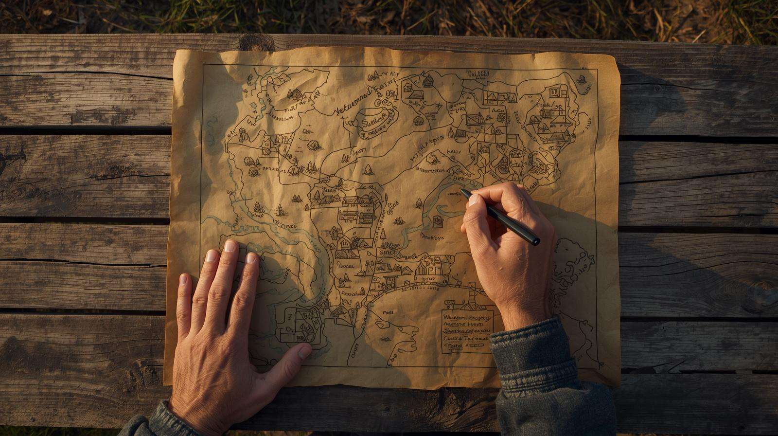 Farmer creating a land map showing zones water flow and farm layout planning