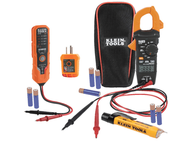 Klein Tools CL120VP Electrical Voltage Test Kit with Clamp Meter, Three Testers, Test Leads, Pouch and Batteries